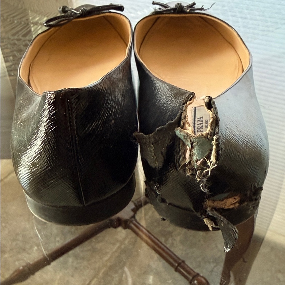 One Good and one Damaged Prada Black Pointed Leather Ballet Flat with Bow Accent - Picture 4 of 5